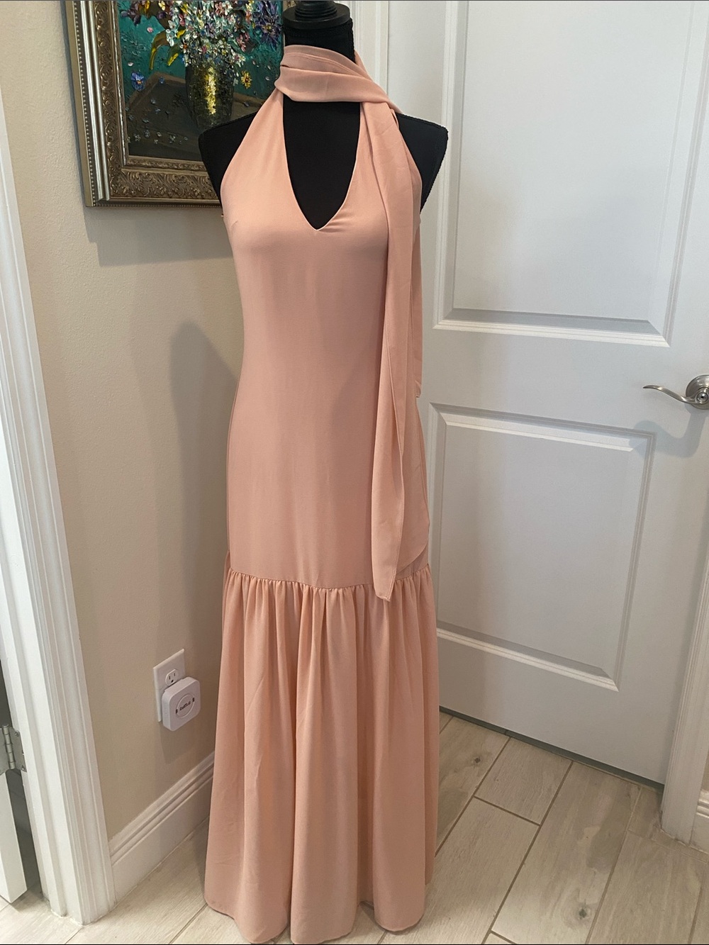 Wayf Blush Halter Maxi Dress with Drape Scarf